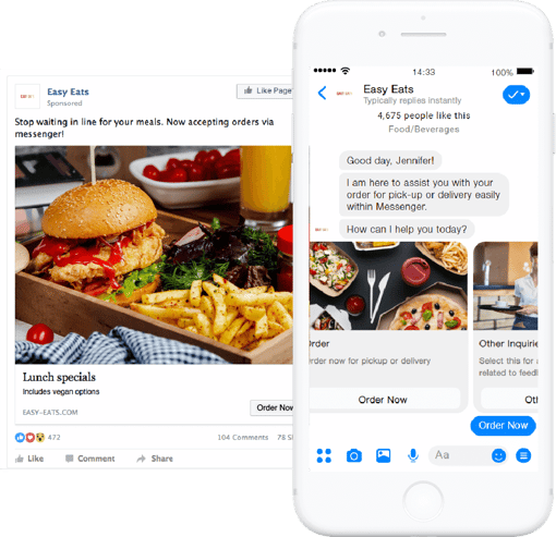 Conversational Facebook ads Image of Facebook ad driving to a messaging chat on a mobile phone