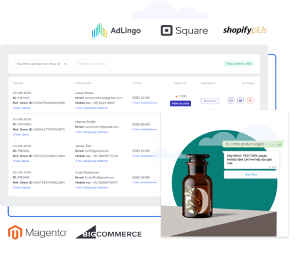 Image of conversational commerce dashboard with different integrations available, including Google AdLingo, Square, Shopify plus and more