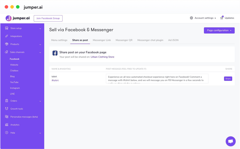 Screenshot of Jumper dashboard with Share Facebook post details