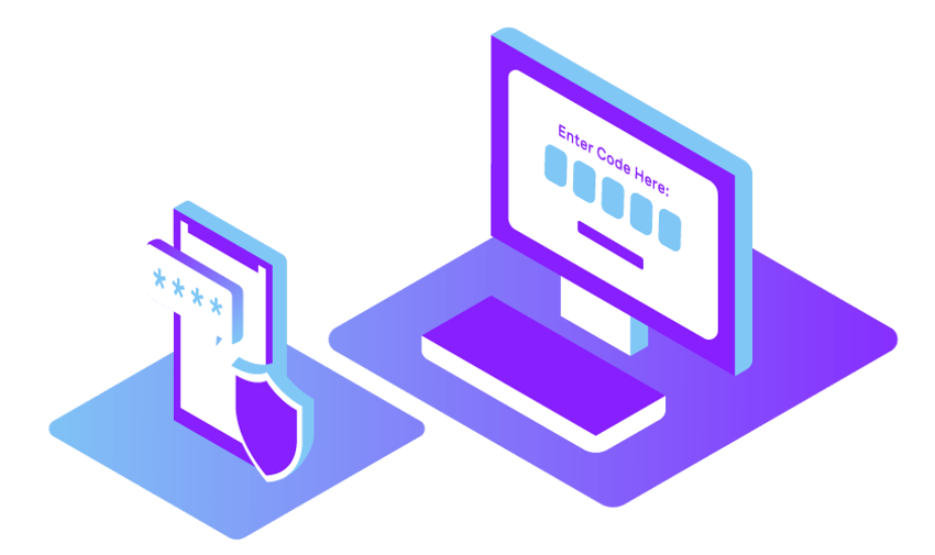Illustration depicting two-factor authentication; a cell phone shows a four digit-code, behind it a computer screen has a row of boxes for the code to be entered