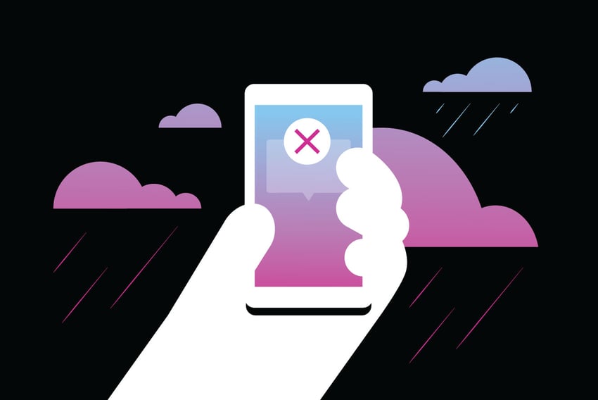 Illustration of an arm holding smartphone with a message failed icon