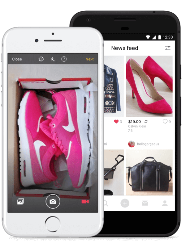スマートフォンアプリに表示されたインターネット上の靴や衣類の写真