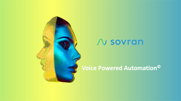 Sovran-Partner-Imagery Image of two-faced woman speaking the words Voice Powered Automation