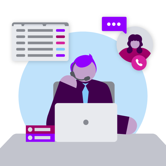 Illustration of a contact center agent conducting a conversation with a customers, who is seen in a bubble above the agent.