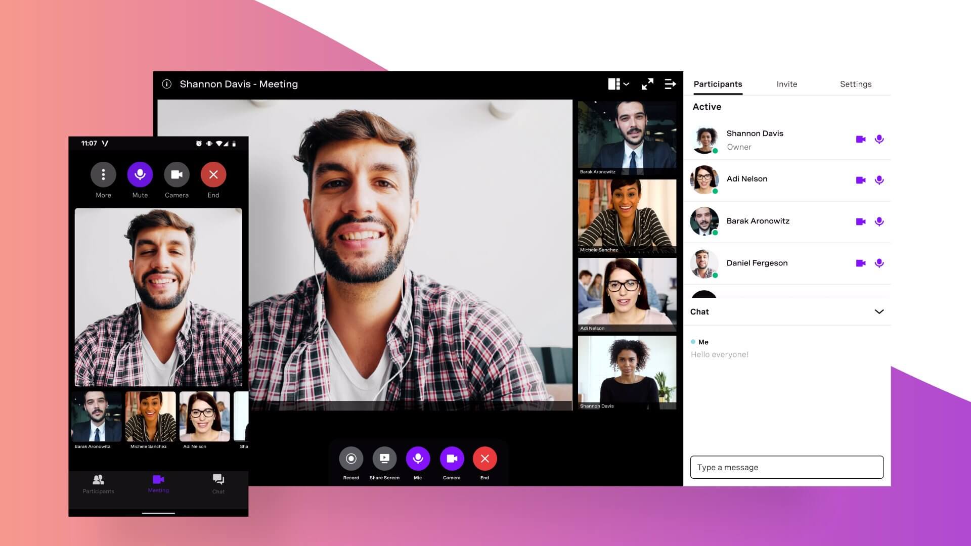 Vonage Business Communicationsが会社のコミュニケーションにどのように支援できるかご覧ください。 Product shot of Vonage Business Meetings on mobile device and desktop application, man is speaking and other participants are on video